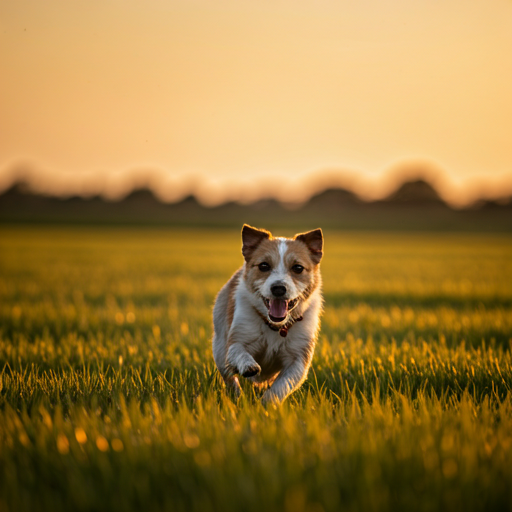 A golden sunset view of a pet running in a field